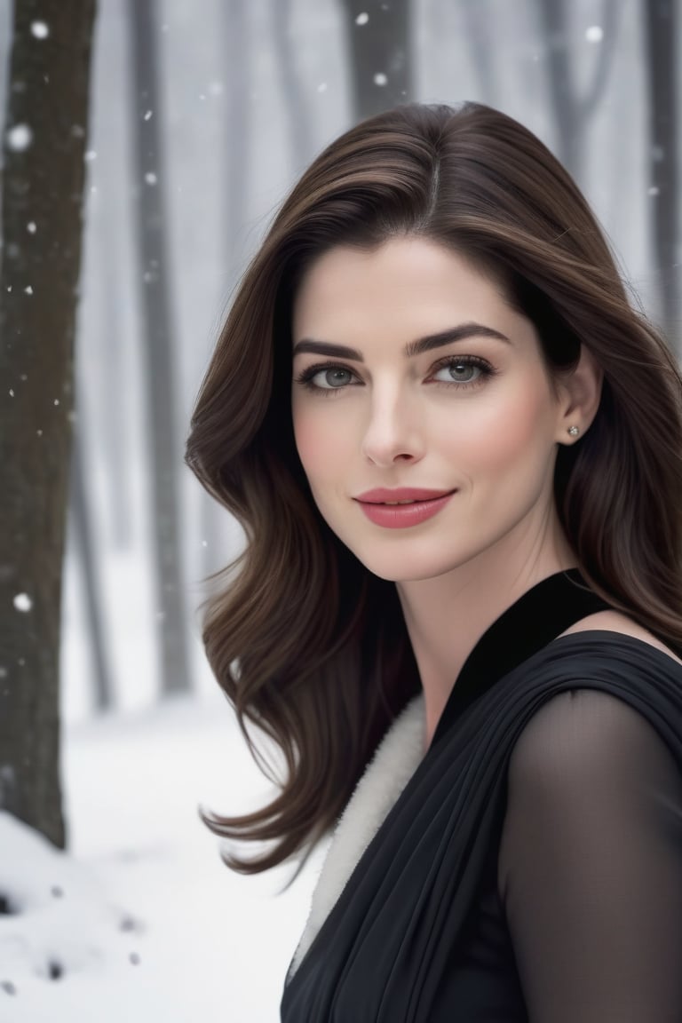 craft a hyper realistic vertical photo of anne hathway, attractive woman in her 40s, sleek, highly detailed, formal,  determined, colorized, smooth, charming, pretty, soft smile, soft lips, black eyes, black saree,  on knees, winter forest, snow wind, cold atmosphere,