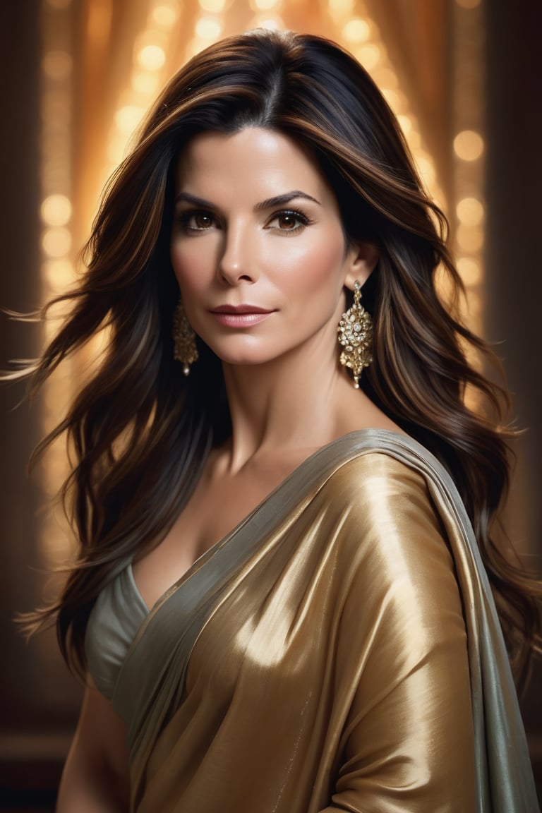 A stunning portrait of Sandra Bullock as Mozart's female muse,  draped in a luxurious Saree. Heavy brushstrokes and paint...