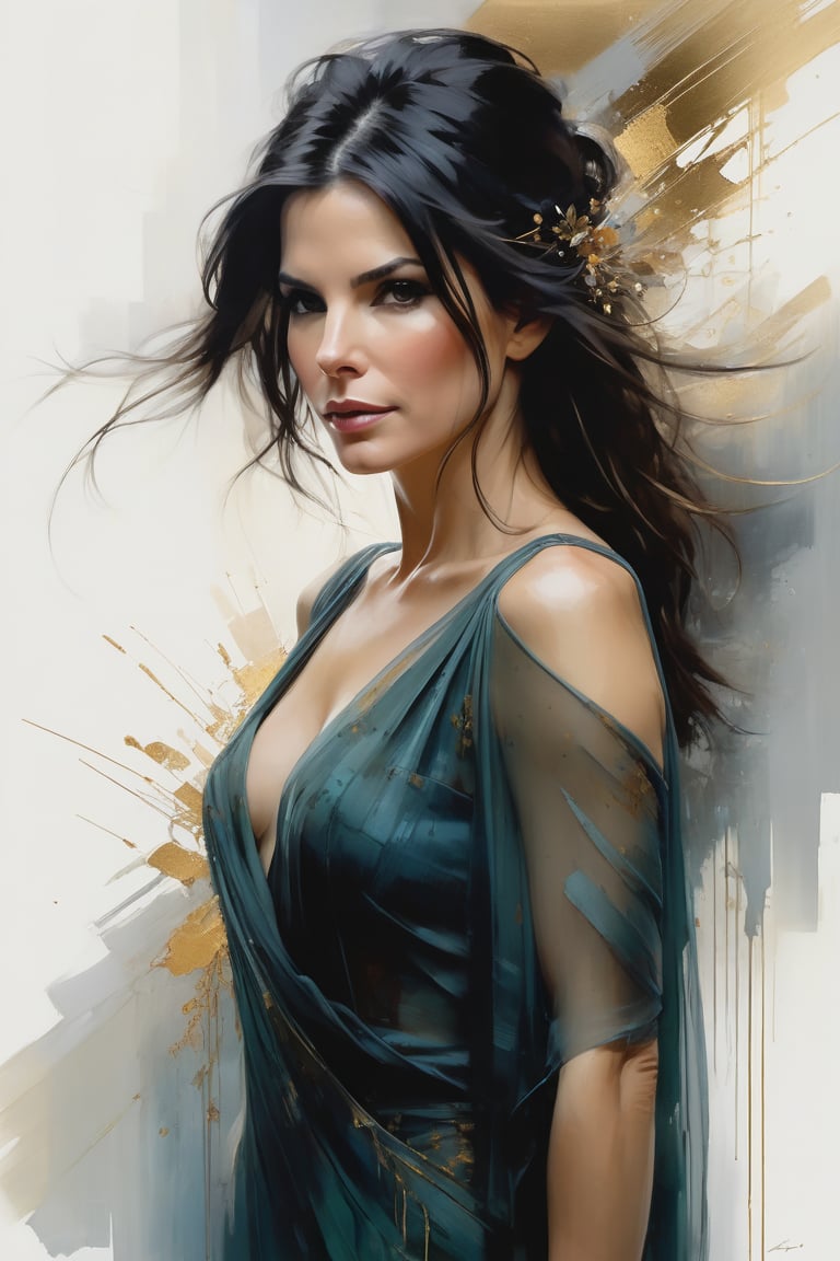 Jeremy Mann's masterful oil painting depicts a breathtaking portrait of Sandra Bullock, dressed in an elegant blouse and flowing transparent saree. The Trendsetter wolf cut black hair cascades down her back like a waterfall. Her 38C bust is perfectly framed by the composition, with volumetric lighting accentuating the gentle curves of her face. Heavy brushstrokes and layered shading create a textured, cell-like image that's reminiscent of Carne Griffiths' work. The golden ratio guides the viewer's eye to her symmetric eyes, which seem to hold a fairy tone of determination. Rich, deep colors bring this award-winning masterpiece to life, with perfect composition and sharp focus adding depth and dimensionality.