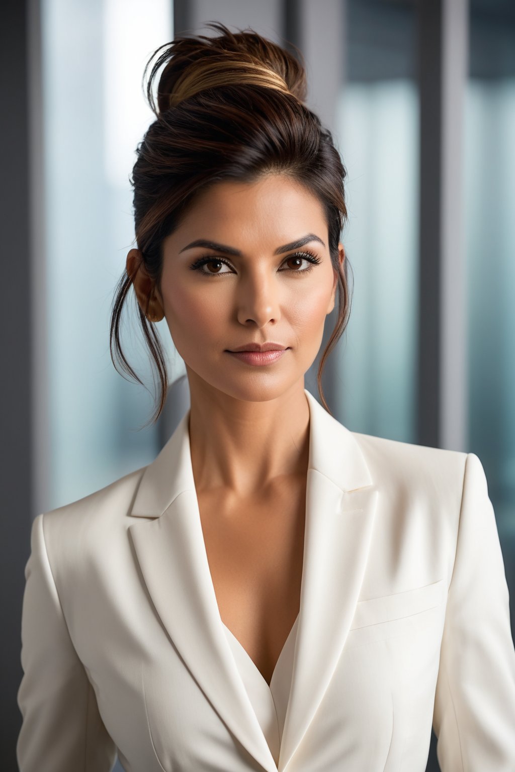 Close-up portrait of an Indian woman in her 30s with a trendsetting wolf-cut brown hairdo, donning a stunning white business suit that exudes determination and confidence. Her gaze is direct, yet soft, reminiscent of Sandra Bullock's signature elegance. Framed by a shallow depth of field, the subject's sharp features are showcased against a neutral, gradient-blurred background, allowing her to take center stage. Softbox lighting casts a flattering glow on her skin tone, while the suit's subtle sheen adds dimensionality. The overall atmosphere is one of modern sophistication and poise.