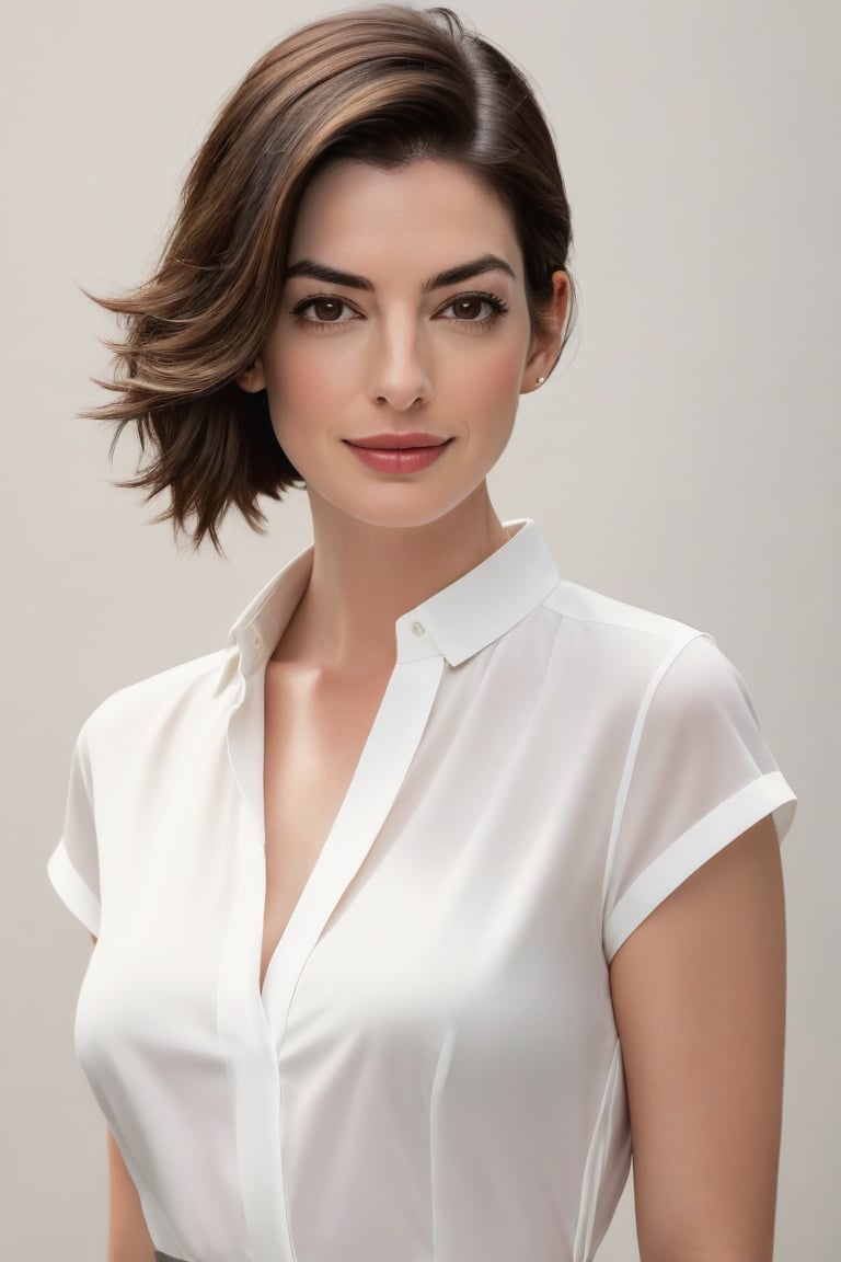 Vertical portrait of a stunning Indian woman in her 30s, dressed in a sun-kissed white shirt dress, exuding confidence and determination. Her Trendsetter wolf-cut brown hair falls softly around her face, framing her striking features. Anne Hathaway-esque charm radiates from her soft smile and full lips, which seem to hint at a thousand secrets. Her black eyes gleam with intensity, as if plotting the next big move in the corporate world - she's a CEO, after all. The sleek, modern composition is set against a smooth, colorized background, emphasizing the subject's sharp jawline and chiseled features. Every detail, from the subtle highlights on her hair to the delicate folds of her dress, is rendered with hyper-realistic precision, making this digital art piece truly breathtaking.