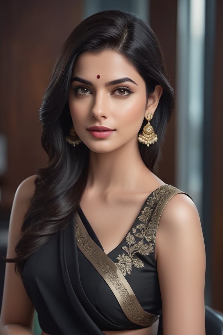 create a hyper realistic vertical photo of Indian most attractive woman in her 20s, Trendsetter wolf cut black hair, trending on artstation, portrait, digital art, modern, sleek, highly detailed, formal, determined, wearing saree, in luxurious office, 36D , fairy tone, fair skin, flirty gaze, anne hathway