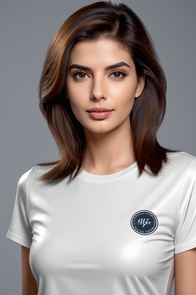 craft a hyper realistic vertical photo of Indian most attractive serious woman in her 20s in T-shirt Dresses, trending on artstation, portrait, digital art, modern, sleek, highly detailed, formal, serious, determined, CEO, colorized, smooth, charming, pretty, soft smile, soft lips, black eyes, Trendsetter wolf cut brown hair, anne hathway,