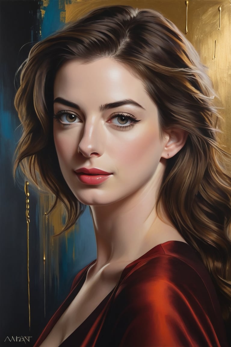 Mozart's Muse: A breathtaking oil painting portrait of Anne Hathaway,  a female composer of music,  poised with intensity....