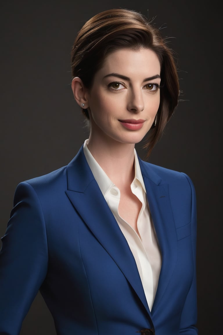 A confident Indian woman in her 30s stands vertically against a sleek, high-contrast black background. Her trendy wolf-cut brown hair falls effortlessly down her back, framing her heart-shaped face. She exudes determination and poise, clad in a modern, formal blue business suit that accentuates her toned physique. Her eyes sparkle with inner strength, reminiscent of Anne Hathaway's unyielding spirit. The photograph is a hyper-realistic masterpiece, capturing every detail from the subtle texture of her suit to the wispy strands framing her face.