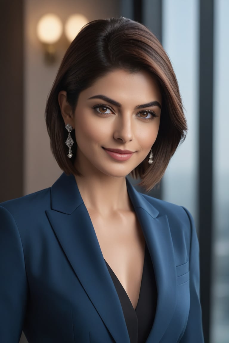 create a hyper realistic vertical photo of Indian most attractive happy woman in her 30s, Trendsetter wolf cut brown hair, trending on artstation, portrait, digital art, modern, sleek, highly detailed, formal, determined, blue business suit, Anne hathway, perfect symmetric eyes, natural skin texture, hyperrealism, soft light, sharp, 8k hdr, dslr, high contrast, cinematic lighting, high quality, film grain, Fujifilm XT3