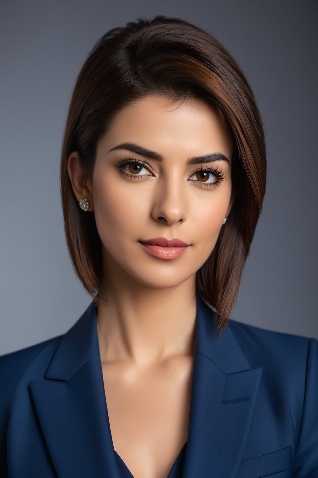 Close-up portrait of an Indian woman in her 30s with a trendsetting wolf-cut brown hairdo, donning a stunning blue business suit that exudes determination and confidence. Her gaze is direct, yet soft, reminiscent of Anne Hathaway's signature elegance. Framed by a shallow depth of field, the subject's sharp features are showcased against a neutral, gradient-blurred background, allowing her to take center stage. Softbox lighting casts a flattering glow on her skin tone, while the suit's subtle sheen adds dimensionality. The overall atmosphere is one of modern sophistication and poise.