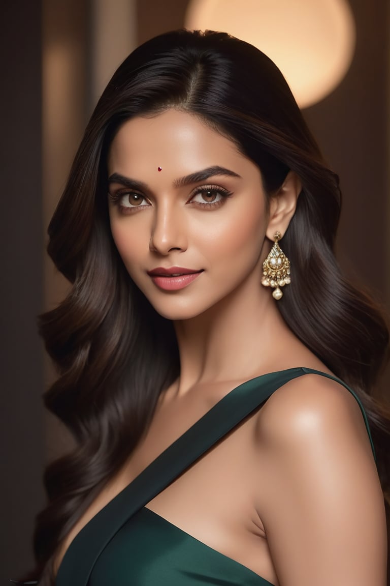 Deepika Padukone-esque beauty, with a wolf cut black hair that's on-trend on Artstation, poses confidently in a luxurious office setting. Her fair skin glows under fairy-like lighting, accentuating her determined gaze and 36D curves. A sleek, modern saree wraps around her formal attire, exuding a sense of sophistication. The vertical composition captures the full force of her striking features, with her flirty gaze drawing the viewer in.