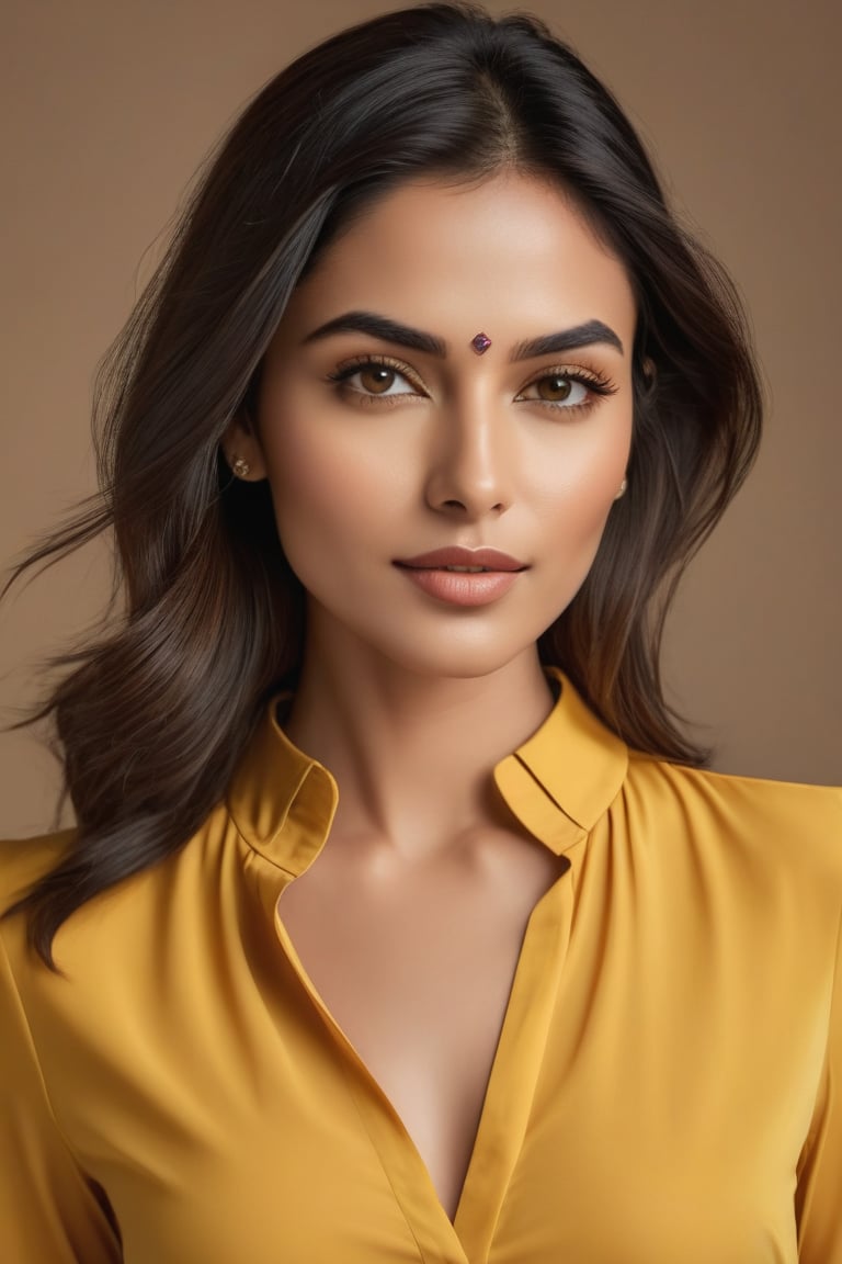 Vertical portrait of a stunning Indian woman in her 30s, dressed in sun-kissed yellow shirt dress, exuding confidence and determination against smooth, colorized background. Her Trendsetter wolf-cut brown hair frames her striking features, soft smile and full lips hinting at secrets. Black eyes gleam with intensity, plotting next big move. Hyper-realistic rendering highlights subtle hair details, delicate folds of dress, showcasing sharp jawline and chiseled features.