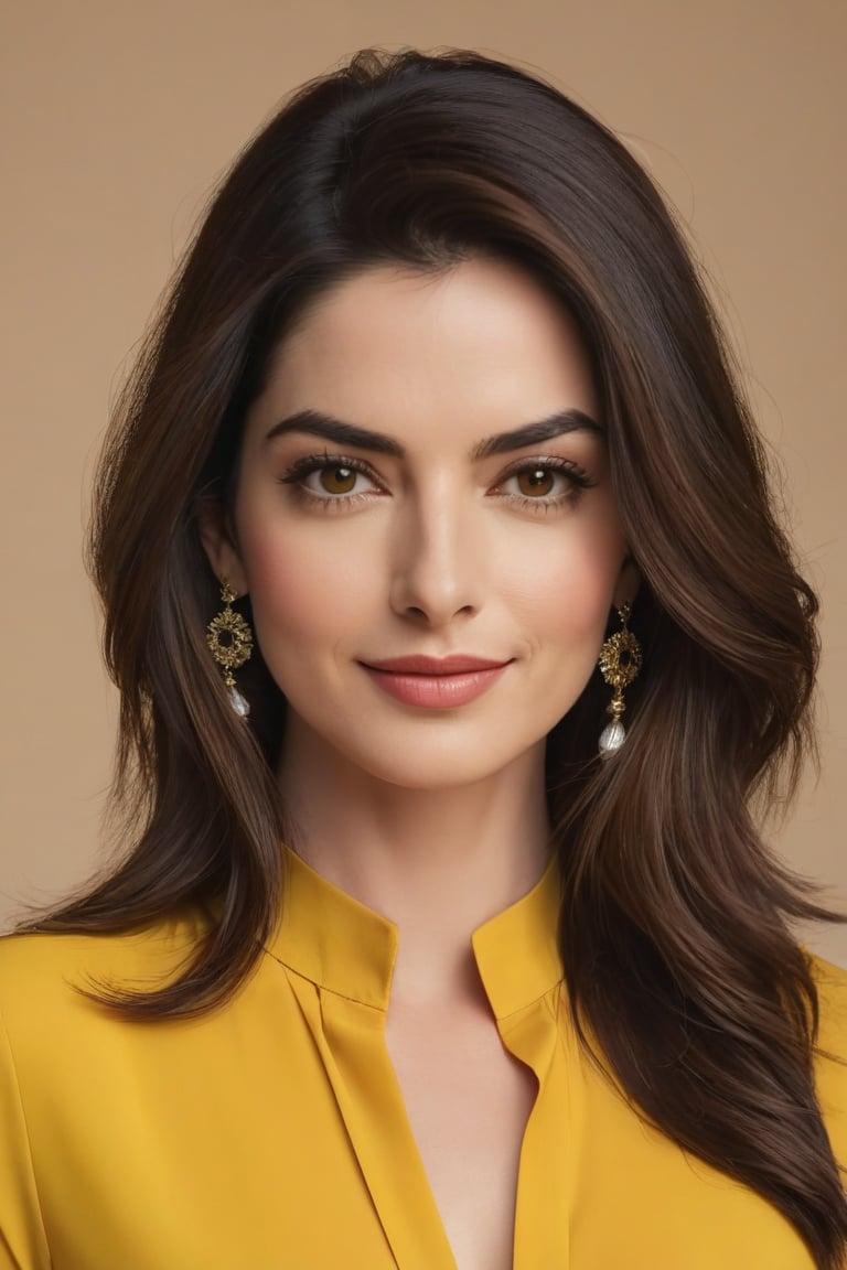 In a bold, vertical composition, a confident Indian woman in her 30s stands out against a smooth, colorized background. She wears a stunning sun-kissed yellow shirt dress that accentuates her sharp jawline and chiseled features. Her Trendsetter wolf-cut brown hair frames her striking face, while her soft smile and full lips radiate Anne Hathaway-esque charm. Her black eyes gleam with intensity, plotting the next move as a CEO. Every detail, from subtle highlights on her hair to delicate folds of her dress, is rendered in hyper-realistic precision.