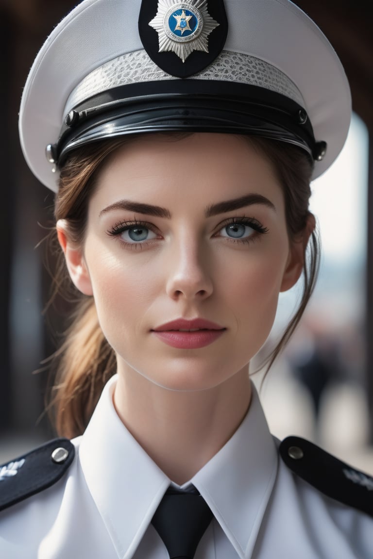 a breathtakingly beautiful caucasian woman Anne hathway from Russian, female police  uniform, perfect symmetric eyes, natural skin texture, hyperrealism, soft light, sharp, 8k hdr, dslr, high contrast, cinematic lighting, high quality, film grain, Fujifilm XT3