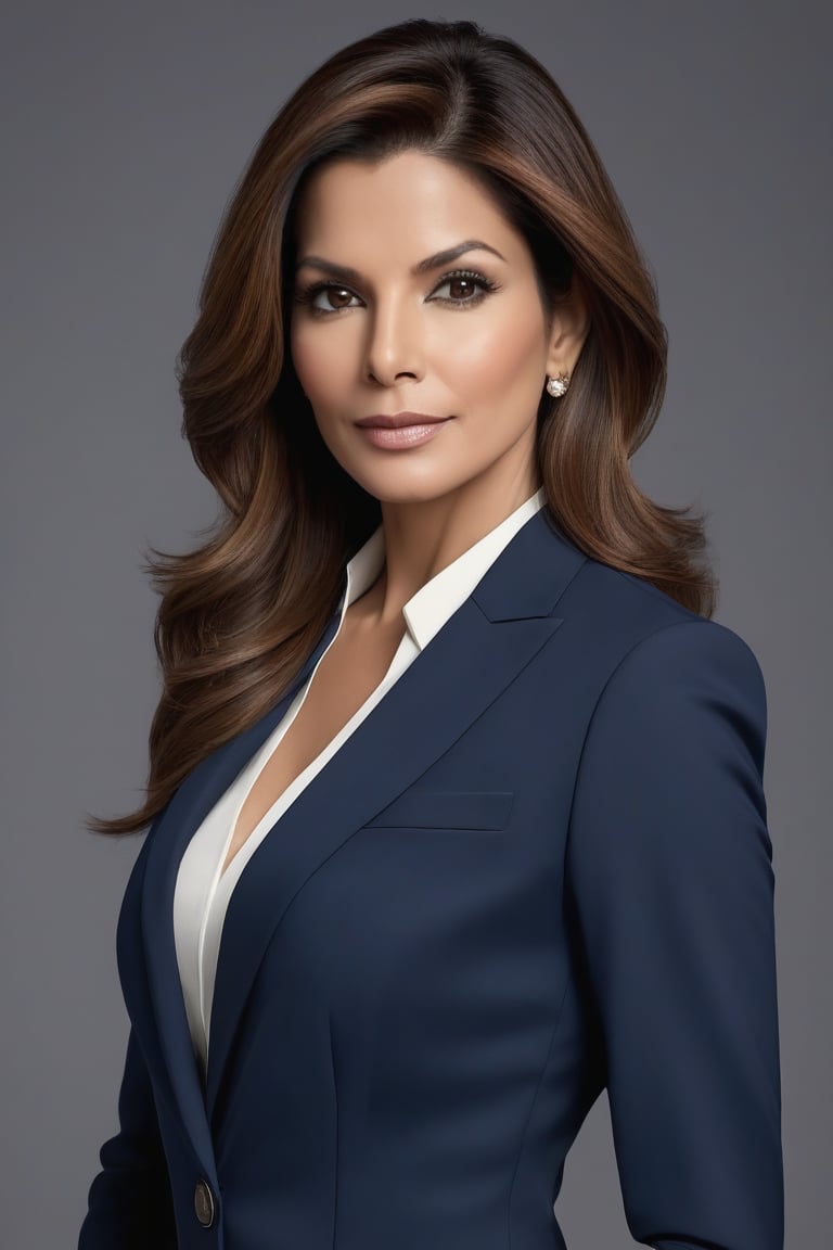 A striking vertical portrait of a stunning Indian woman in her 40s, with luscious light brown hair styled in a chic, modern look. She stands confidently, donning a sleek, formal blue business suit that accentuates her toned physique. Her piercing gaze conveys determination as she gazes directly into the lens. With a subtle fairy tone and an alluring aura, this subject exudes sophistication and elegance, reminiscent of Sandra Bullock's iconic style. The highly detailed image showcases every contour, from her striking facial features to her toned arms, creating a hyper-realistic masterpiece that rivals any art station piece.