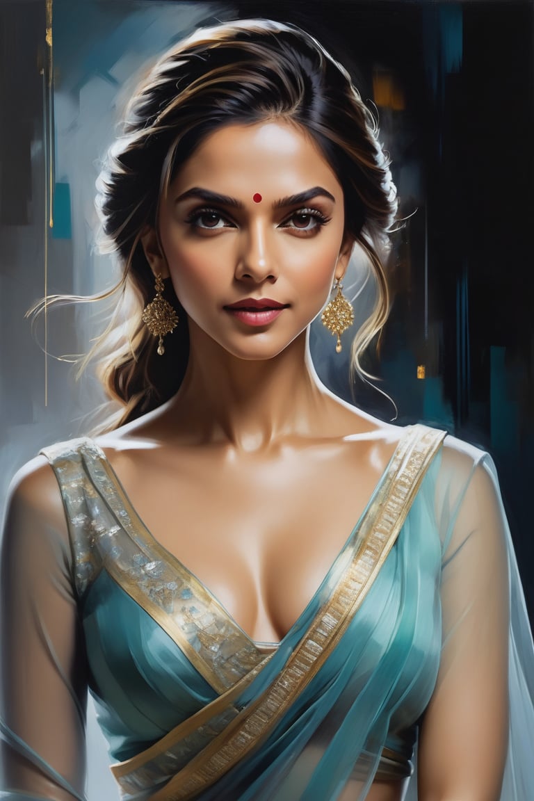 Here's a prompt for an oil painting that captures the essence of your request:

Create a breathtaking vertical oil painting of Deepika Padukone as Mozart, a female reimagining of the composer, set against a rich, deep background. Depict her in an action pose, with medium-long fuzzy hair framing her face and perfect symmetric eyes shining bright. Her gorgeous face is lit by volumetric lighting, showcasing intricate details and layering. The portrait is layered with cells, adhering to the golden ratio for balanced composition. Sharp focus and depth of field draw attention to her 38C bust, dressed in a formal blouse and transparent saree that shimmers like fairy dust. This masterpiece embodies Jeremy Mann, Carne Griffiths, and Robert Oxley's artistic styles, exuding determination and sophistication.