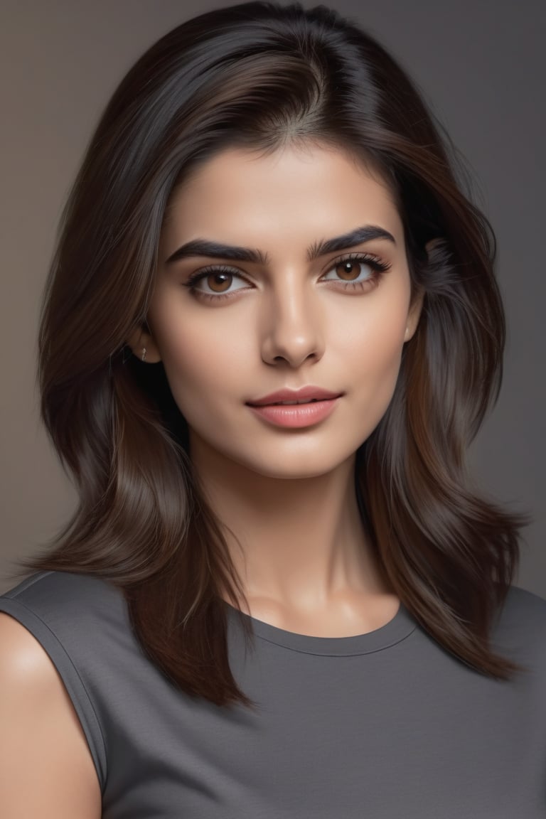 craft a hyper realistic vertical photo of Indian most attractive serious woman in her 20s in T-shirt Dresses, trending on artstation, portrait, digital art, modern, sleek, highly detailed, formal, serious, determined, CEO, colorized, smooth, charming, pretty, soft smile, soft lips, black eyes, Trendsetter wolf cut brown hair, anne hathway,