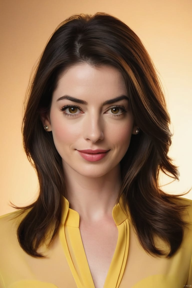 Vertical portrait of a stunning Indian woman in her 30s, dressed in a sun-kissed yellow shirt dress, exuding confidence and determination. Her Trendsetter wolf-cut brown hair falls softly around her face, framing her striking features. Anne Hathaway-esque charm radiates from her soft smile and full lips, which seem to hint at a thousand secrets. Her black eyes gleam with intensity, as if plotting the next big move in the corporate world - she's a CEO, after all. The sleek, modern composition is set against a smooth, colorized background, emphasizing the subject's sharp jawline and chiseled features. Every detail, from the subtle highlights on her hair to the delicate folds of her dress, is rendered with hyper-realistic precision, making this digital art piece truly breathtaking.