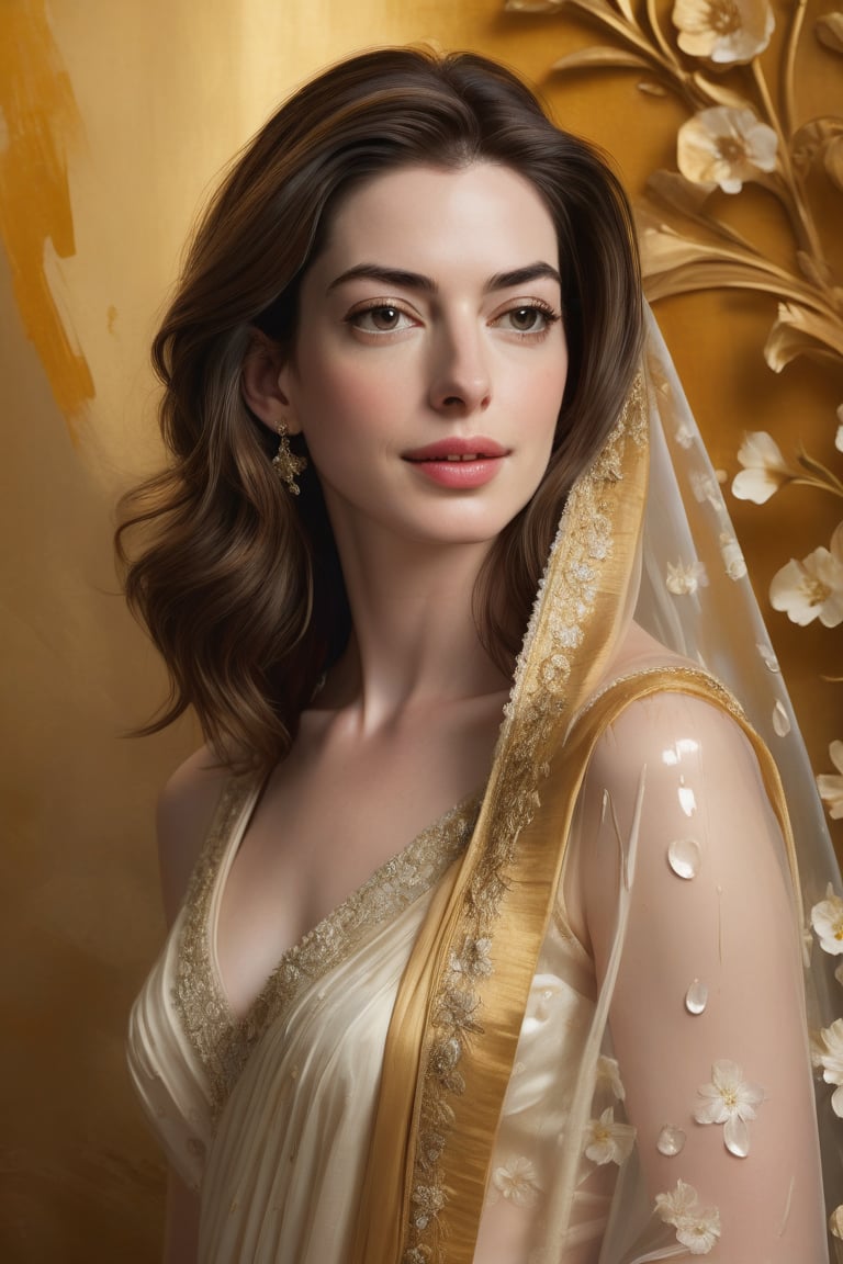 Vertical portrait of Anne Hathaway as Mozart's female muse,  set against a rich,  golden backdrop. Heavy brushstrokes and...