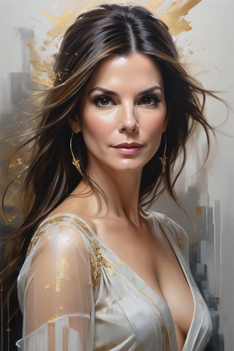 Here's a prompt for an oil painting that captures the essence of your request:

Create a breathtaking vertical oil painting of Sandra Bullock as Mozart, a female reimagining of the composer, set against a rich, deep background. Depict her in an action pose, with medium-long fuzzy hair framing her face and perfect symmetric eyes shining bright. Her gorgeous face is lit by volumetric lighting, showcasing intricate details and layering. The portrait is layered with cells, adhering to the golden ratio for balanced composition. Sharp focus and depth of field draw attention to her 38C bust, dressed in a formal blouse and transparent saree that shimmers like fairy dust. This masterpiece embodies Jeremy Mann, Carne Griffiths, and Robert Oxley's artistic styles, exuding determination and sophistication.