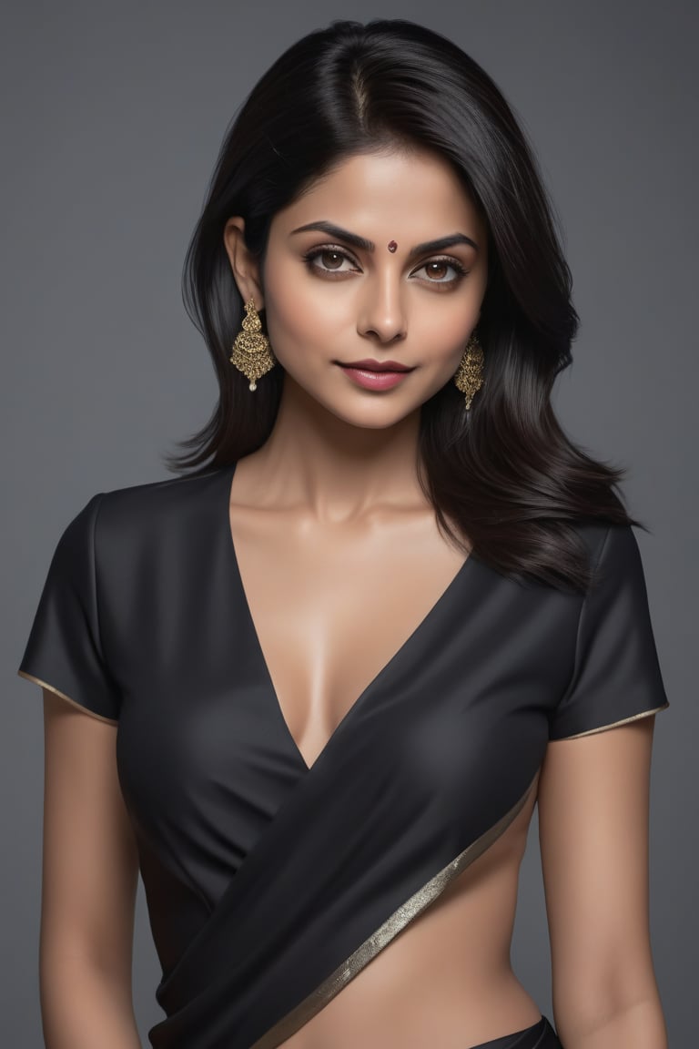 create a hyper realistic vertical photo of most attractive Indian woman in her 40s, Trendsetter wolf cut black hair, trending on artstation, portrait, digital art, modern, sleek, highly detailed, formal, determined, 36D ,  fairy tone, saree, navel show, Willa Holland


