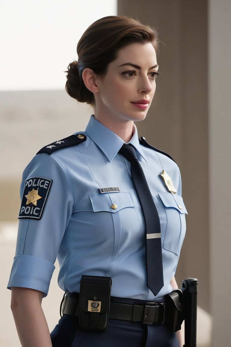 Anne Hathaway stands confidently in a female police uniform, her loose hair cascading down her back like golden silk. Her big buttocks subtly emphasized by the fitted uniform, as she poses with perfect symmetry between her sharp, striking eyes and natural skin texture. Soft light wraps around her, highlighting the contours of her face and body. Shot on 8K HDR DSLR camera, with Fujifilm XT3's high contrast capabilities capturing every detail. Cinematic lighting adds depth and dimensionality, with a touch of film grain for added authenticity.