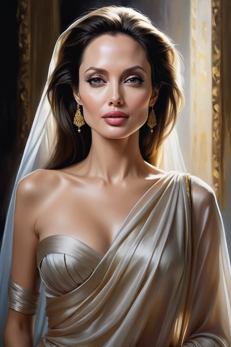 Award-winning portrait of Angelina Jolie as Mozart's female counterpart, draped in a stunning Saree. Medium-long, fuzzy hair cascades down her back like a waterfall of night. Her face is a masterpiece of layered shading, with volumetric lighting that seems to dance across the surface. The golden ratio guides the composition, drawing the viewer's eye to her breathtakingly symmetric eyes. Perfect focus and depth of field create a sense of depth, as if she's stepping out of the frame. Heavy brushstrokes and paint drips add texture to the oil painting, rich with deep colors that seem to pulse with life.