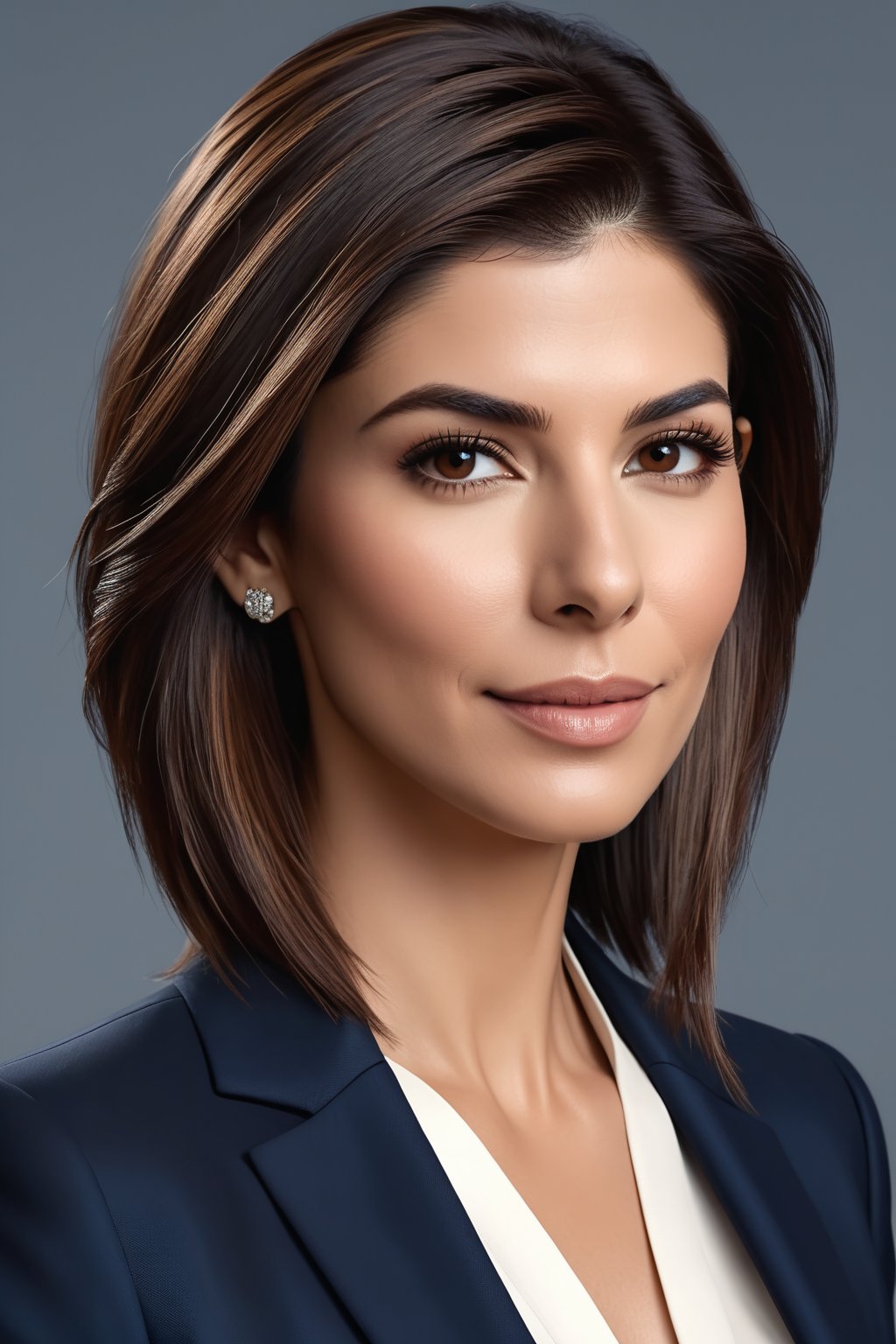 create a hyper realistic vertical photo of Indian most attractive happy woman in her 30s, Trendsetter wolf cut brown hair, trending on artstation, portrait, digital art, modern, sleek, highly detailed, formal, determined, blue business suit, sandra bullock