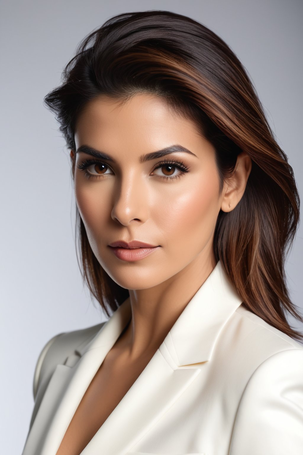 A close-up portrait of an Indian woman in her 30s, with trendsetting wolf-cut brown hairdo, radiates determination and confidence in a stunning white business suit. Her direct yet soft gaze, reminiscent of Sandra Bullock's elegance, dominates the frame against a shallow depth of field. Softbox lighting enhances her skin tone, while the suit's subtle sheen adds dimensionality. A neutral, gradient-blurred background allows her to take center stage, exuding modern sophistication and poise.