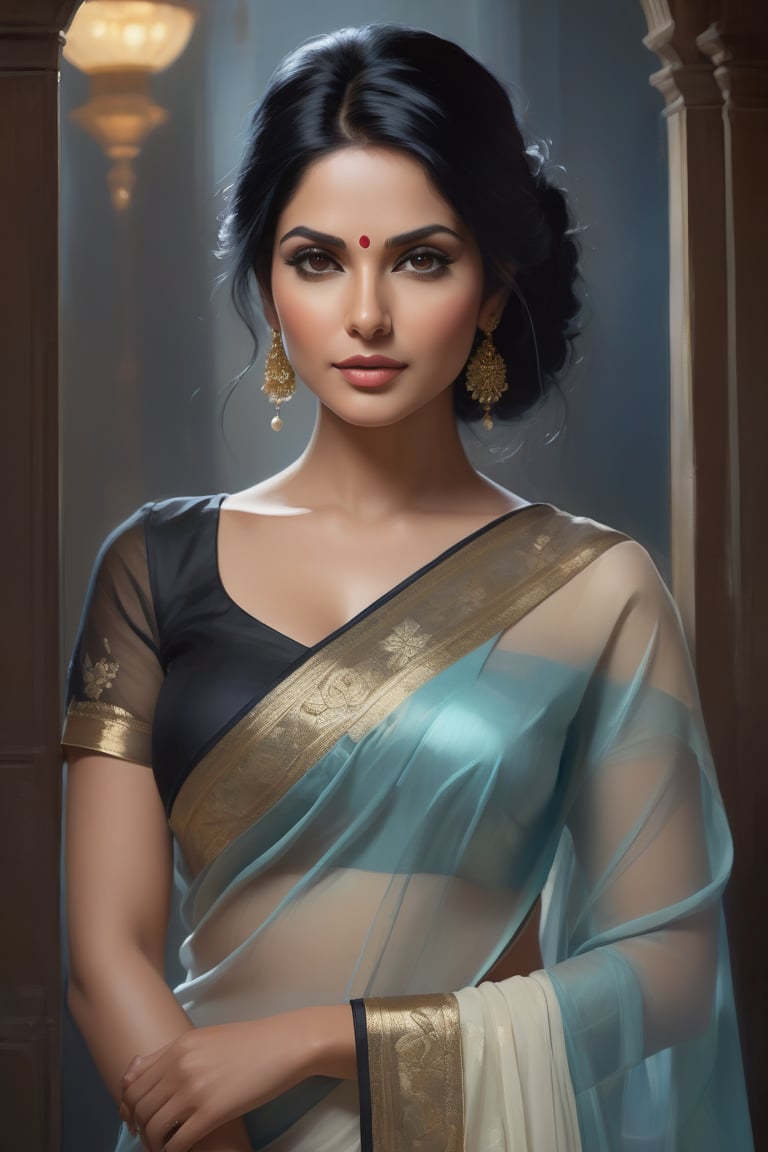 A breathtaking digital painting! A vertical portrait of a stunning Indian woman in her 40s,  with a trendy wolf cut black...