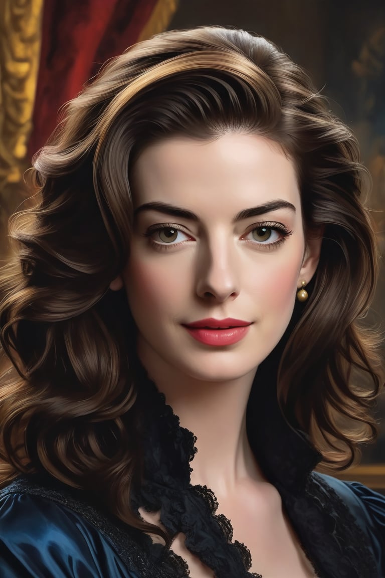 Anne Hathaway as Mozart: The Maestro's Muse. A stunning oil painting portrait of Anne Hathway as Wolfgang Amadeus Mozart,...