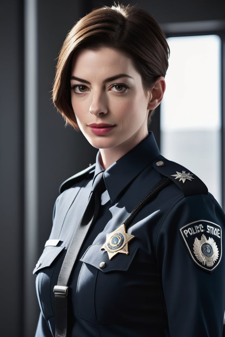 Anne Hathaway posing confidently in a crisp Russian-style female police uniform against a stark background, illuminated by soft, natural light that accentuates her flawless skin and piercingly symmetrical eyes. The 8K HDR image features a high-contrast palette with subtle film grain, captured with precision using a DSLR camera like the Fujifilm XT3.