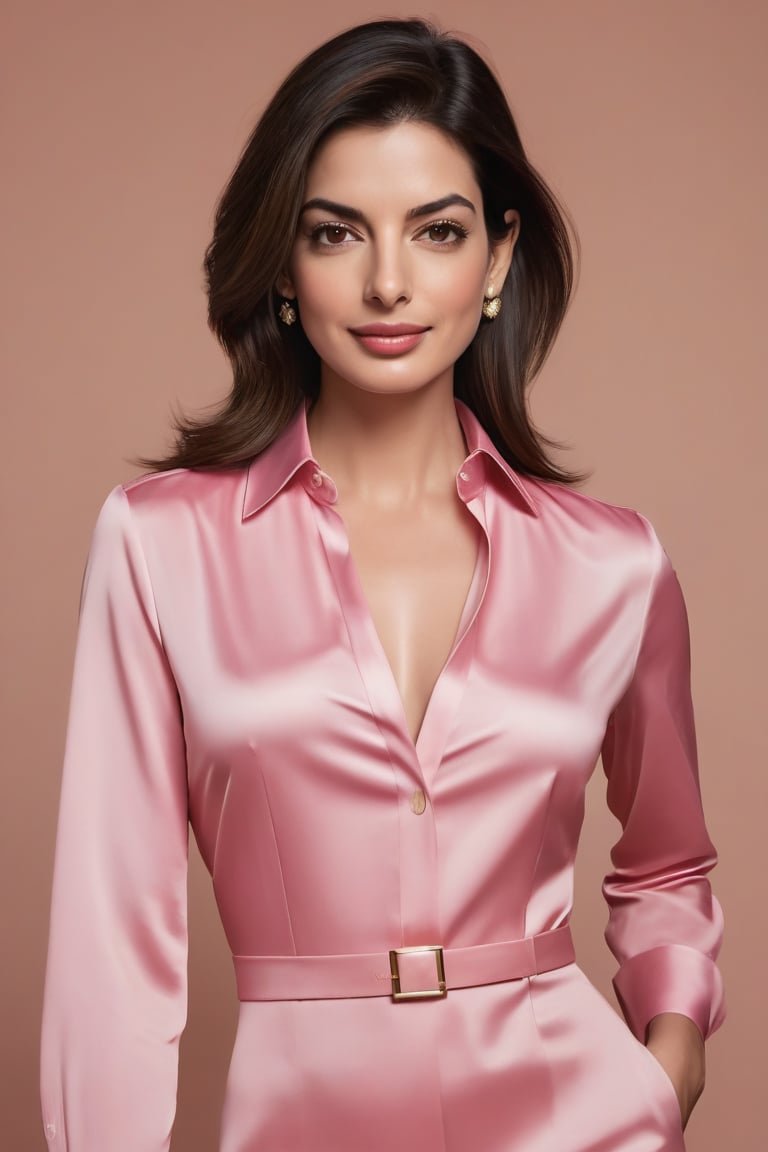 Vertical portrait of a stunning Indian woman in her 30s, dressed in a sun-kissed pink shirt dress, exuding confidence and determination. Her Trendsetter wolf-cut brown hair falls softly around her face, framing her striking features. Anne Hathaway-esque charm radiates from her soft smile and full lips, which seem to hint at a thousand secrets. Her black eyes gleam with intensity, as if plotting the next big move in the corporate world - she's a CEO, after all. The sleek, modern composition is set against a smooth, colorized background, emphasizing the subject's sharp jawline and chiseled features. Every detail, from the subtle highlights on her hair to the delicate folds of her dress, is rendered with hyper-realistic precision, making this digital art piece truly breathtaking.