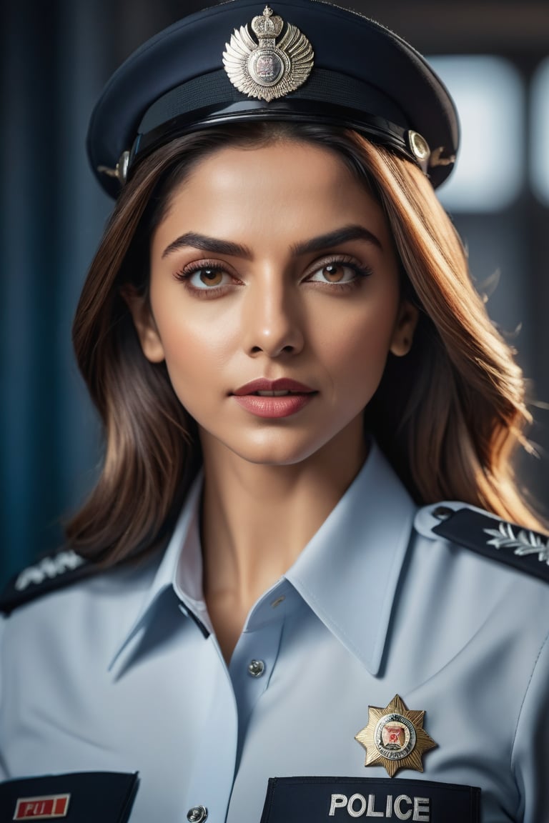 a breathtakingly beautiful caucasian woman Deepika Padukone from Russian, loose hair, big 
 buttock,female police  uniform, perfect symmetric eyes, natural skin texture, hyperrealism, soft light, sharp, 8k hdr, dslr, high contrast, cinematic lighting, high quality, film grain, Fujifilm XT3