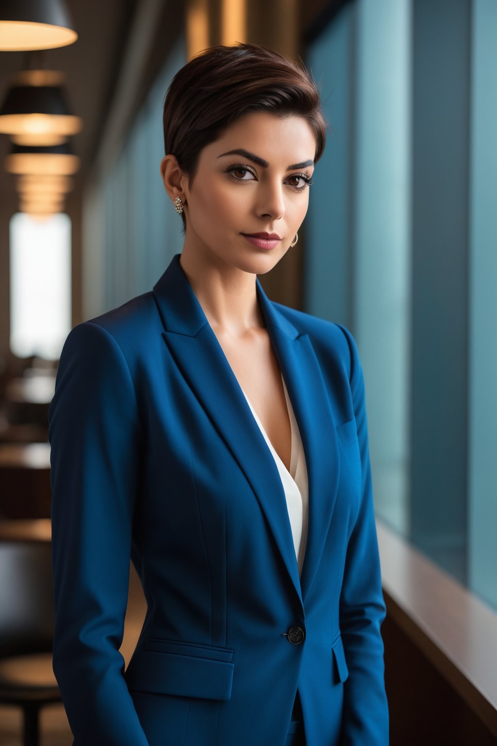 Vertical photograph of a stunning Indian woman in her 30s, sporting a trendy wolf cut brown hairdo. She's dressed to impress in a sleek, high-neckline blue business suit, exuding determination and confidence. Her eyes gleam with a hint of mischief, reminiscent of Anne Hathaway's iconic performances. The formal setting is juxtaposed against the subtle playfulness of her facial expression, creating an intriguing contrast. Soft, even lighting illuminates her features, emphasizing the sharp angles of her jawline and the smooth texture of her hair. The composition is clean and modern, with a shallow depth of field isolating our subject's captivating presence.