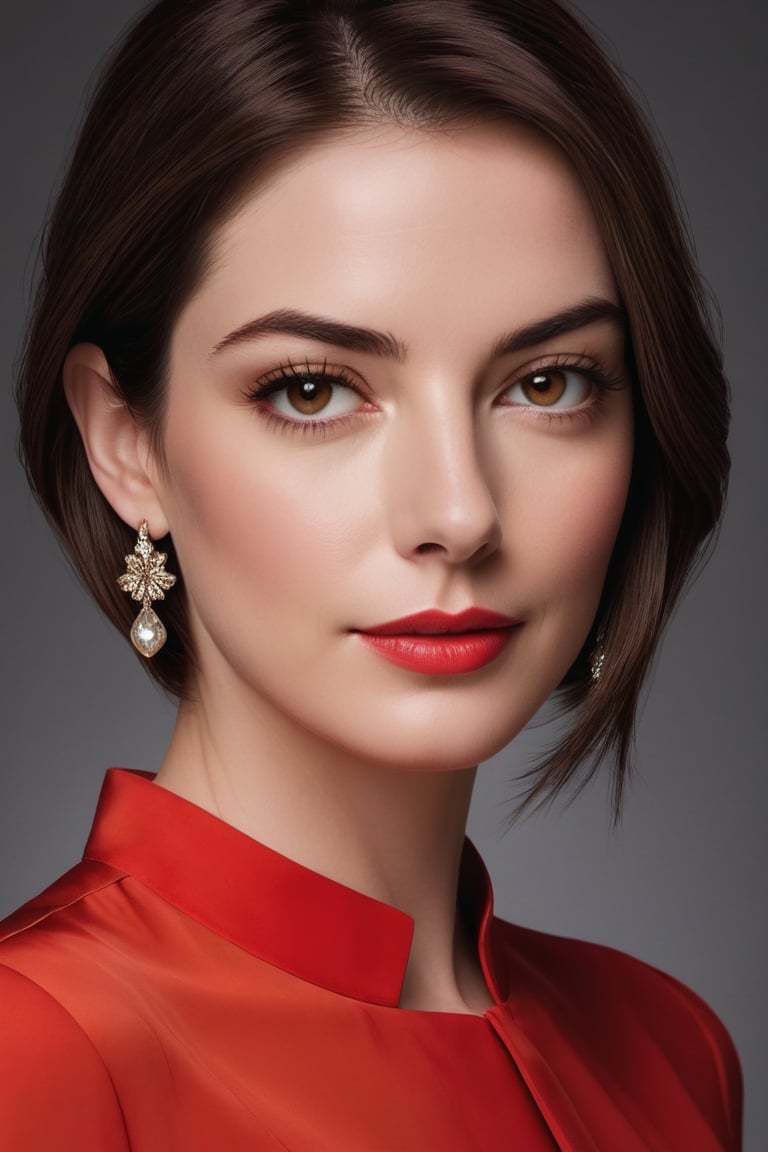 Vertical portrait of a stunning Indian woman in her 30s, dressed in a sun-kissed red shirt dress, exuding confidence and determination. Her Trendsetter wolf-cut brown hair falls softly around her face, framing her striking features. Anne Hathaway-esque charm radiates from her soft smile and full lips, which seem to hint at a thousand secrets. Her black eyes gleam with intensity, as if plotting the next big move in the corporate world - she's a CEO, after all. The sleek, modern composition is set against a smooth, colorized background, emphasizing the subject's sharp jawline and chiseled features. Every detail, from the subtle highlights on her hair to the delicate folds of her dress, is rendered with hyper-realistic precision, making this digital art piece truly breathtaking.