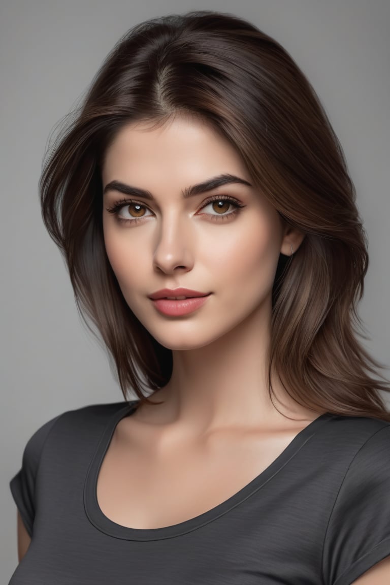 craft a hyper realistic vertical photo of Indian most attractive serious woman in her 20s in T-shirt Dresses, trending on artstation, portrait, digital art, modern, sleek, highly detailed, formal, serious, determined, CEO, colorized, smooth, charming, pretty, soft smile, soft lips, black eyes, Trendsetter wolf cut brown hair, anne hathway,