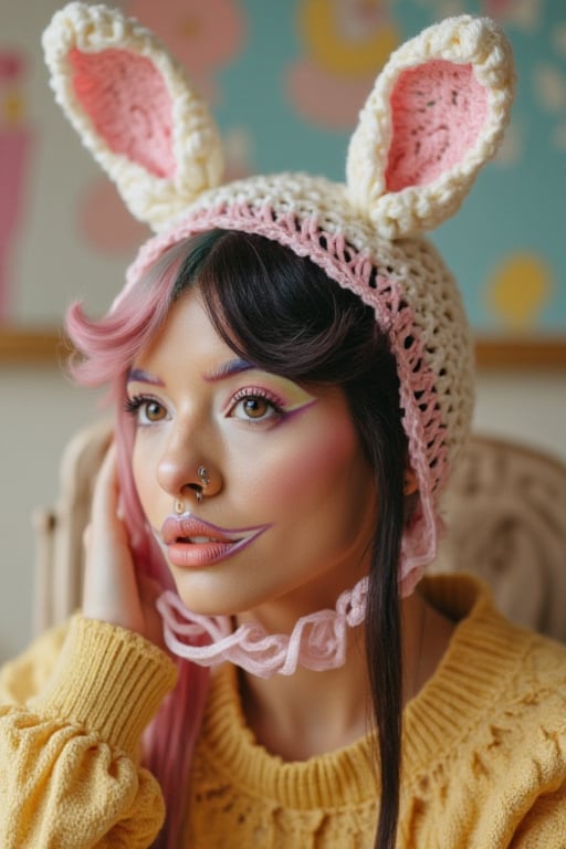 a woman , bangs, shes wearing a white and pink crochet bonnet that wraps around her whole head and neck, on top there are 2 white and pink shaped chrochet bunny ears on top of her bonnet head , close up , high quailty , pores , nose ring , split pink and black colored hair, yellow sweater