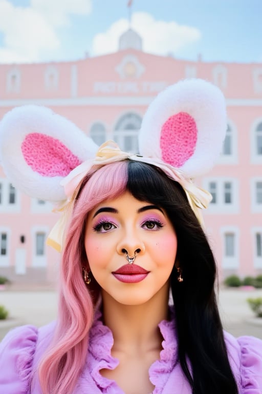 a woman , bangs, shes wearing a white crochet bonnet that wraps around her whole head and neck, on top there are 2 white and pink shaped chrochet bunny ears on top of her bonnet head , close up , high quailty , pores , nose ring , split pink and black colored hair, purple dress, school at the background