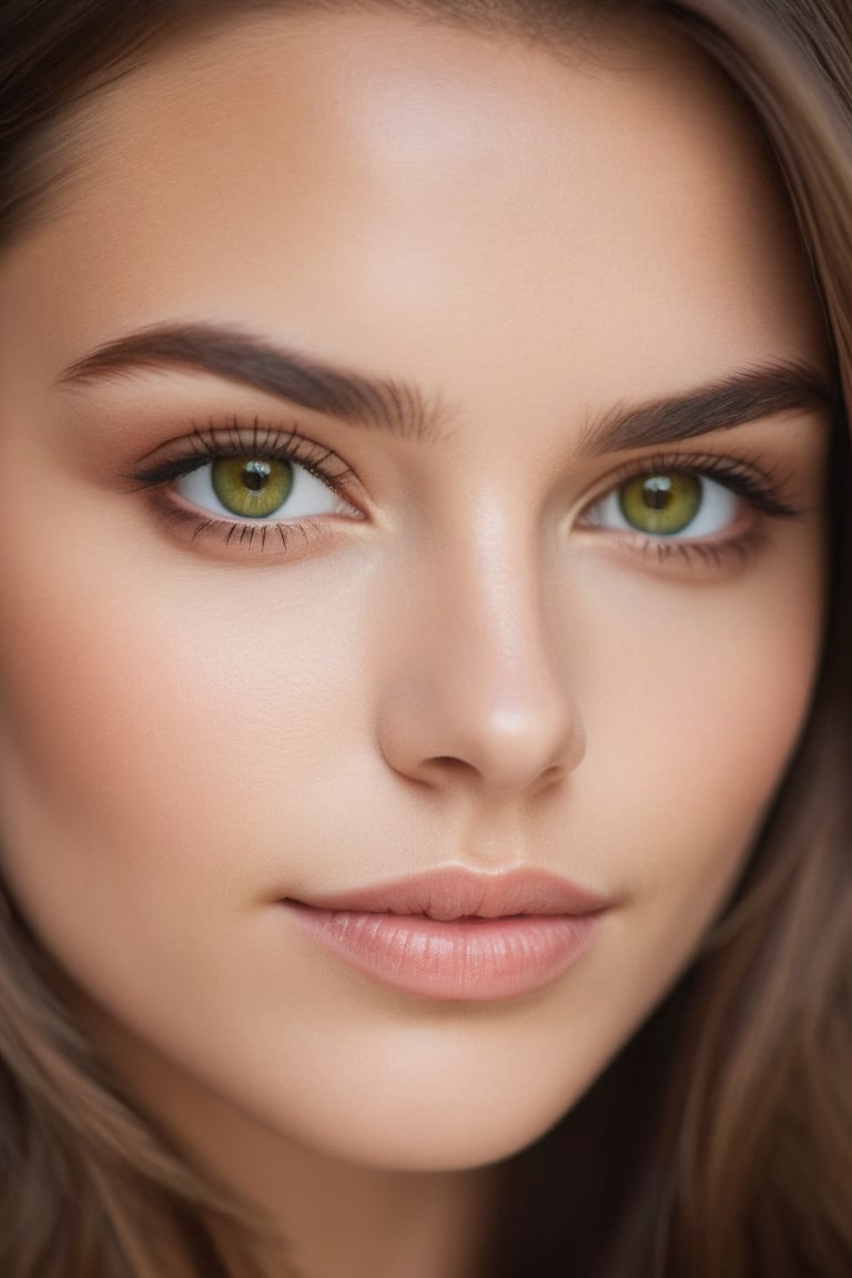 portrait of a confident, beautiful young woman. her shoulder length brown hair frames her face. natural beauty. beautiful green and brown eyes. catchlights in the eyes. full lips. The image has a neutral color tone with natural light setting. f/5.6 50mm, close-up, sharp focus, (Best Quality:1.4), (Ultra realistic, Ultra high res), Highly detailed, Professional Photography