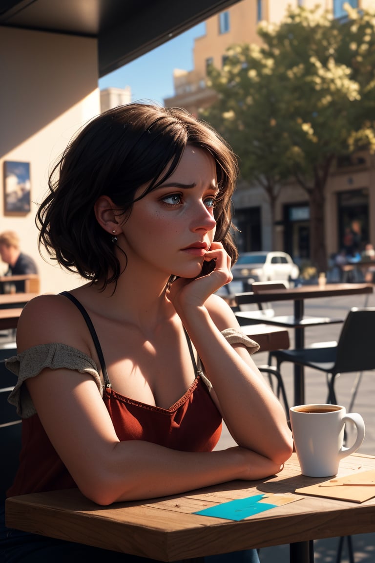 lifelike rendering, immersive atmosphere, impeccably detailed, visually stunning, transfixing looks, emotive depth, artistic emotionality, compelling glances, shoulder, cafe, outdoor, natural lighting, Intense Shadow,