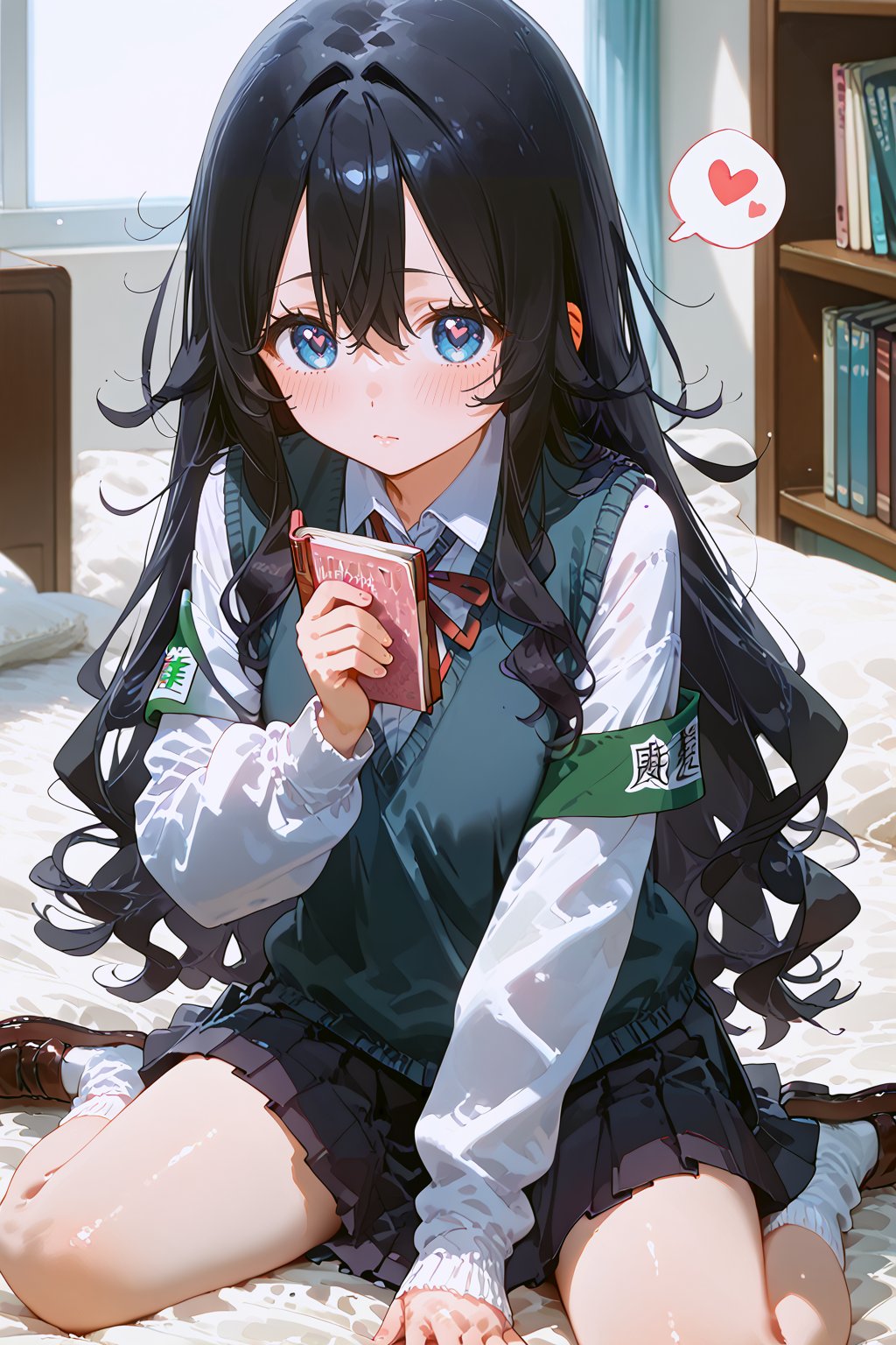 1girl, solo, long_hair, skirt, heart, black_hair, armband, blue_eyes, book, socks, school_uniform, looking_at_viewer, shoes, shirt, pleated_skirt, symbol-shaped_pupils, very_long_hair, brown_footwear, sweater_vest, white_socks, long_sleeves, long_skirt, white_shirt, heart-shaped_pupils, loafers, sitting, spoken_heart, messy_hair, full_body, blush, ribbon, bangs, vest,shizuka yoshimoto,long hair,blue eyes,black hair,hair between eyes,wavy hair