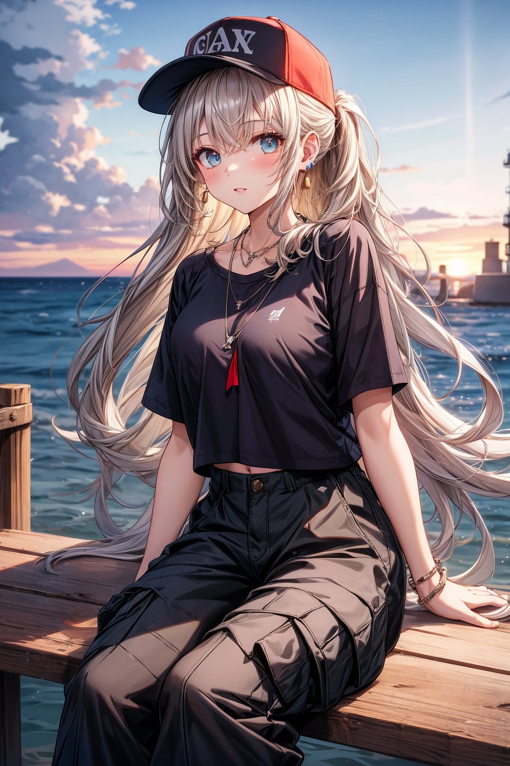 French girl,grey blonde hair(very long hair, curly_hair),long ponytail,hiphop dancer,wearing all black clothes (loose fit top and wide cargo pants),sneakers,accessories(necklace,ear_rings)baseball cap, sitting at sea bank,horizon,seaside,vivid sea color,red lighthouse,sunset,Best Quality, 32k, photorealistic, ultra-detailed, finely detailed, high resolution, perfect dynamic composition, beautiful detailed eyes, sharp-focus, cowboy_shot, 