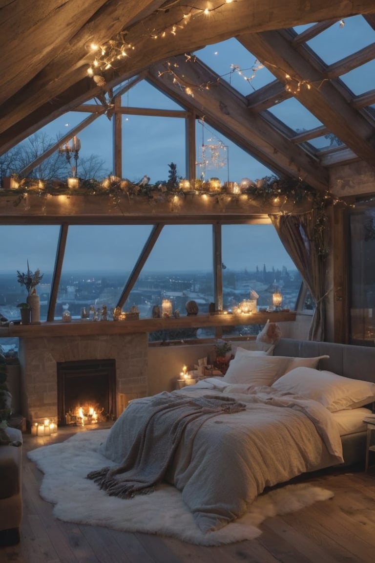 a modern day Elven bedroom, big panoramic windows, a fireplace. The bed is a haven of softness, with layers of plush blankets and fluffy duvets beckoning to be nestled into, midnight outside. Cosy atmosphere with fairy lights and ambient lighting. Professional photography, cinematic, high detail