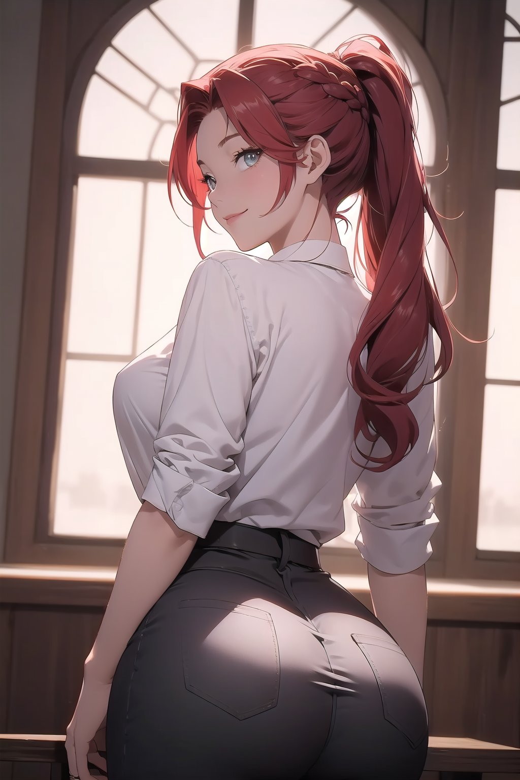 A sultry Makima from the anime series sits solo in a dimly lit room, her red hair cascading down her back like a fiery waterfall. Her ringed eyes gleam with a subtle hint of mischief as she gazes directly at the viewer. A braided ponytail adorns her head, framing her striking features. She wears a crisp white shirt with a black necktie and matching pants, drawing attention to her curvaceous figure. The camera frames her from behind, showcasing her impressive posterior as she confidently presents it to the viewer, accompanied by a sly upturned smile.