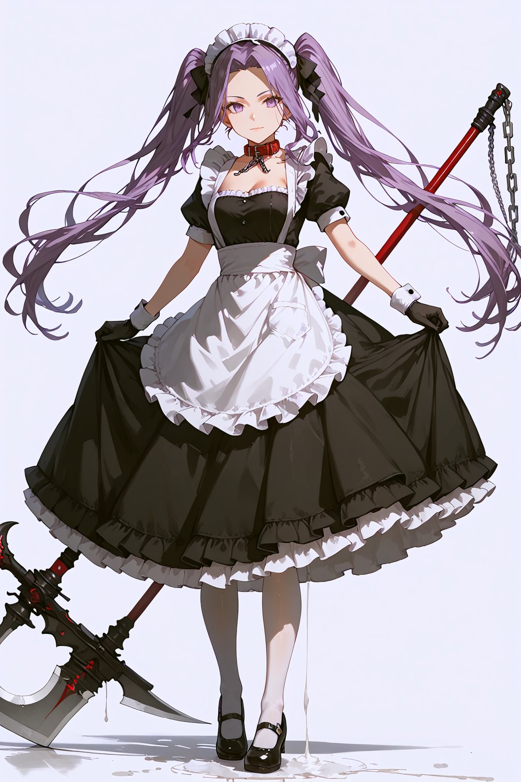 medusa_(fate), 1girl, solo, long_hair, maid, black_footwear, apron, gloves, holding, black_gloves, twintails, maid_headdress, short_sleeves, dress, white_pantyhose, scythe, chain, very_long_hair, black_dress, puffy_sleeves, collar, purple_hair, purple_eyes, frills, pantyhose, puffy_short_sleeves, full_body, white_background, shoes, alternate_costume, weapon, ribbon, white_apron, bow, parted_bangs, closed_mouth, hair_bow, looking_at_viewer, standing, red_collar, sidelocks, maid_apron, bangs, holding_weapon, enmaided, frilled_apron