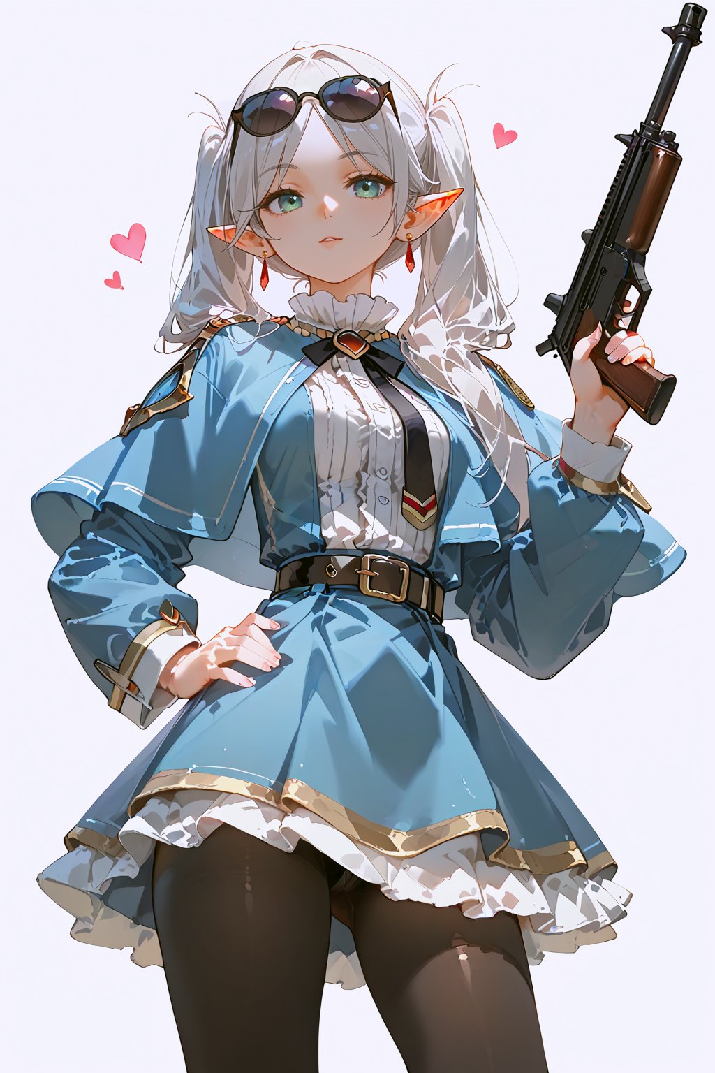 1girl, weapon, gun, solo, pointy_ears, twintails, sunglasses, holding_weapon, heart, holding_gun, holding, pantyhose, belt, elf, striped, rifle, long_hair, capelet, striped_shirt, simple_background, earrings, long_sleeves, white_background, jewelry, dress, shirt, parted_bangs, black_pantyhose, artist_name, signature,frieren