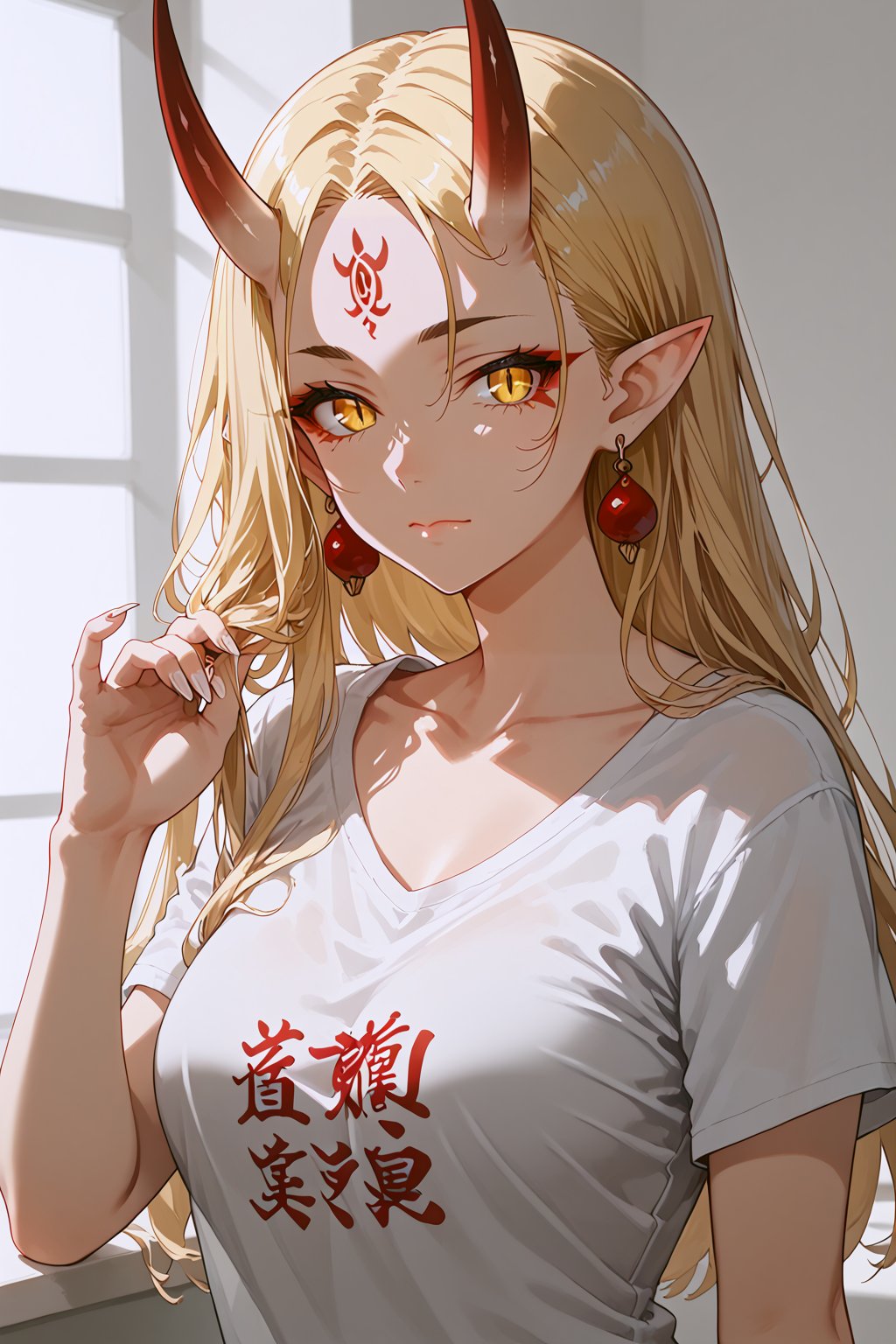 1girl, ibaraki_douji_(fate), long_hair, horns, solo, blonde_hair, yellow_eyes, shirt, oni_horns, jewelry, facial_mark, oni, earrings, pointy_ears, tattoo, white_shirt, looking_at_viewer, forehead_mark, fingernails, slit_pupils, short_sleeves, holding_hair, t-shirt, very_long_hair, sharp_fingernails, grey_background, closed_mouth, cowboy_shot, clothes_writing, collarbone