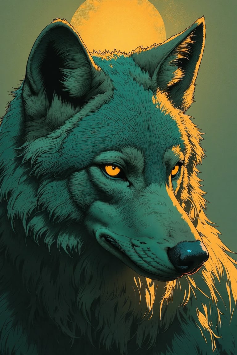 wolf,  cosmic color:steelgolden-green,  digital painting by Overkingo on Tensor.Art
