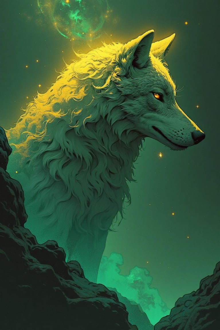 wolf,  cosmic color:steelgolden-green,  digital painting by Overkingo on Tensor.Art