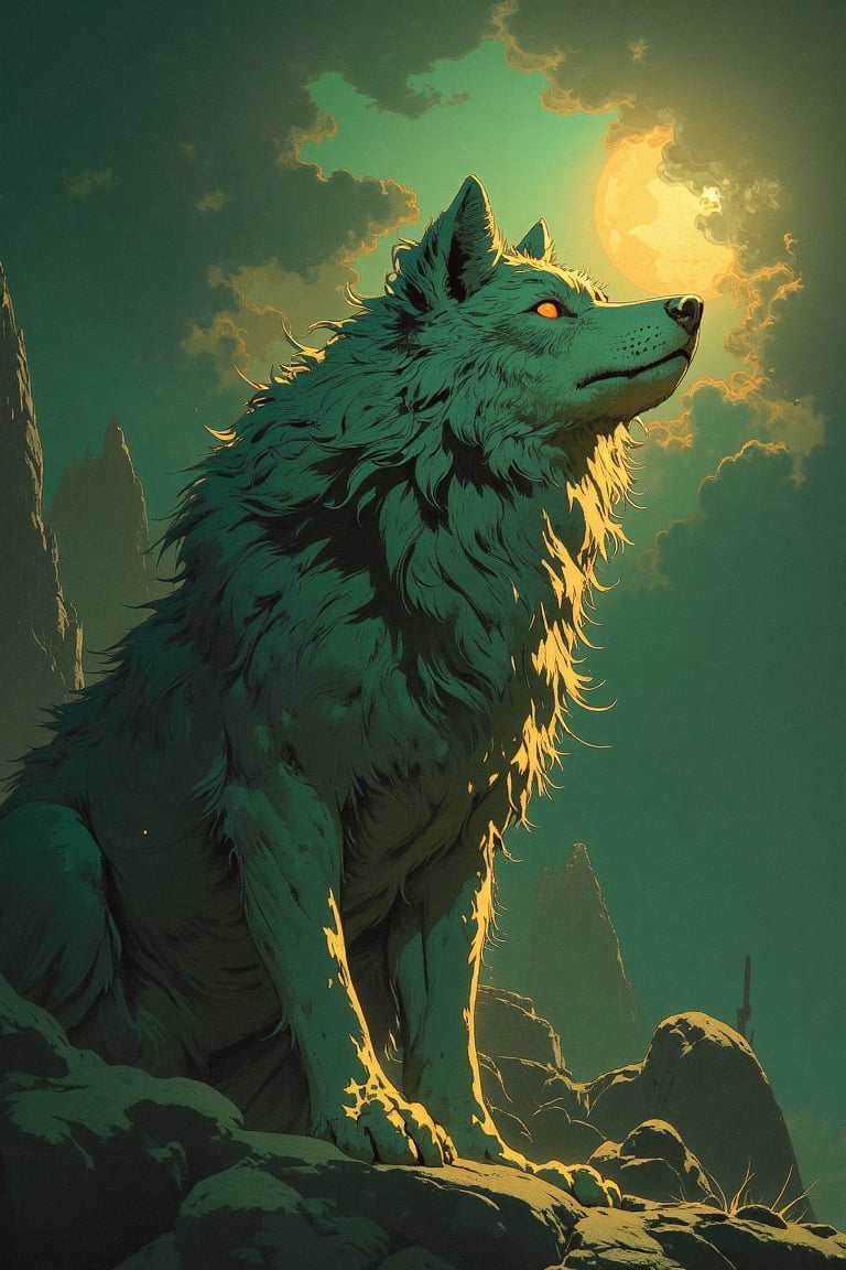 wolf,  cosmic color:steelgolden-green,  digital painting by Overkingo on Tensor.Art