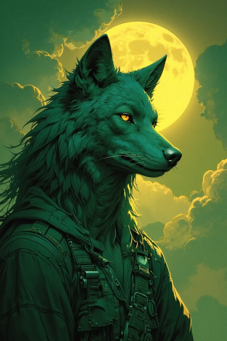 wolf,  cosmic color:steelgolden-green,  digital painting by Overkingo on Tensor.Art