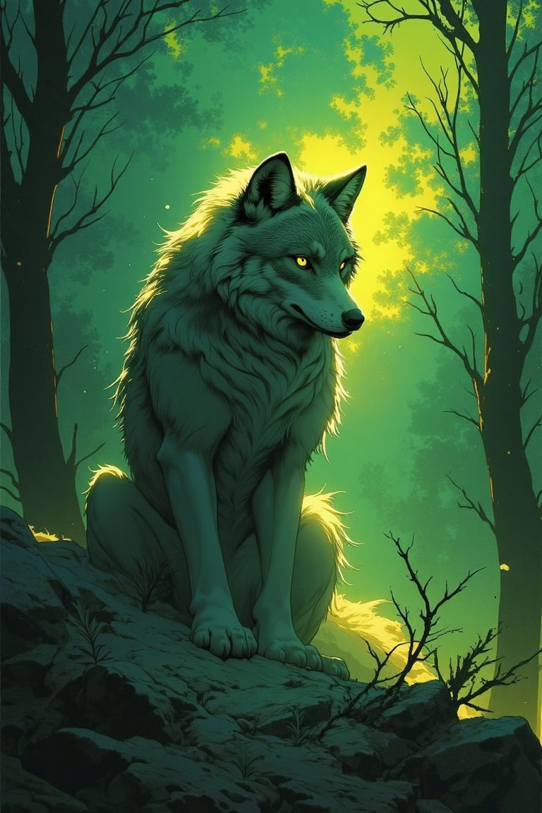 wolf,  cosmic color:steelgolden-green,  digital painting by Overkingo on Tensor.Art